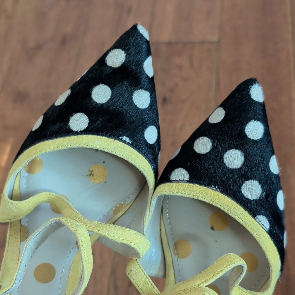 Boden Trisha Yellow and Black Polka Dot Cowhide Pointy Toe Strappy Heels - Picture 9 of 16